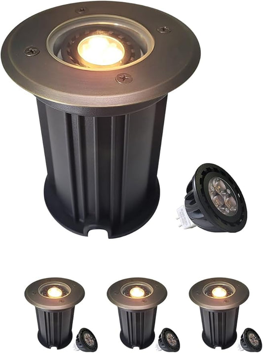 MALORY Brass Top Cover Landscape Well Lights, 12V Low Voltage Outdoor In Ground Lights,Landscape Lighting for Pathway, Driveway and Garden (Open Top, 4-Pack with Bulb)