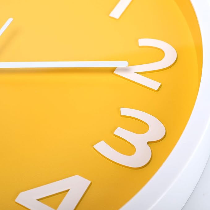 Lafocuse 12 Inch 3D Numbers Yellow Wall Clock for Living Room Decor, Modern Kitchen Wall Clock Battery Operated Silent Non-Ticking Bedroom Home Office