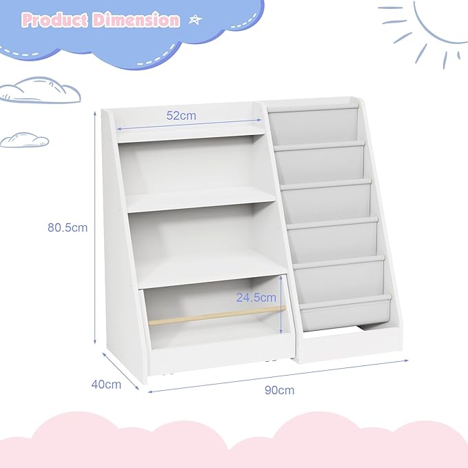 Kids Bookshelf with Toy Storage Organizer Movable Drawer, Toddler Bookcase 5 Sling Child Book Rack 4-Tier Shelf Cabinet Chest with Wheels for Nursery,Playroom,Bedroom,Living Room,Classroom
