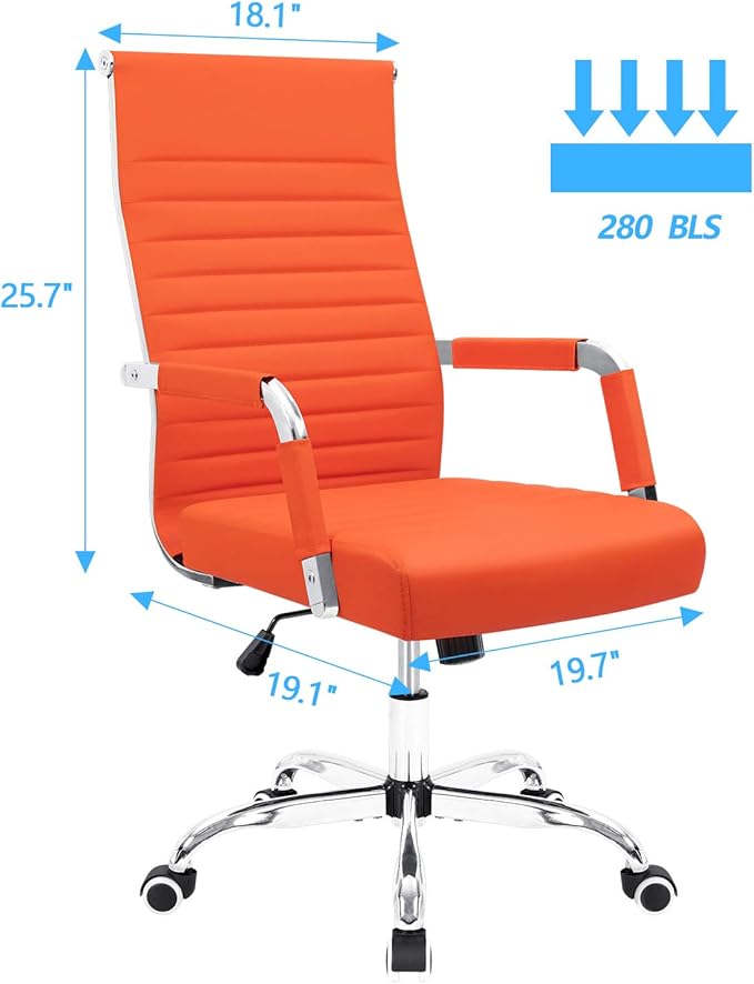 Furmax Ribbed Office Desk Chair Mid-Back Leather Executive Conference Task Chair Adjustable Swivel Chair with Arms (Orange)
