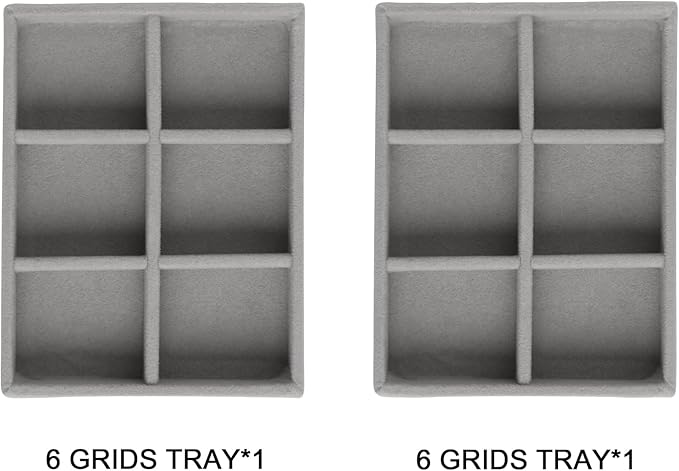 Frebeauty Small Jewelry Tray Set,Stackable Velvet Jewelry Organizer Tray,Mini Jewelry Drawer Organizer,Drawer Inserts,4.92 x 3.74 x 0.9 Inches,6 Grid Earring Organizer for Women(Set 2,Grey)