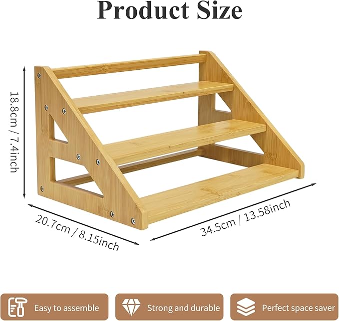 3-Tier Spice Rack Organizer,Bamboo Spice Rack for Kitchen Countertops,Cabinets & Pantries,Modern Space-Saving Design, Durable Bamboo Organizer (Spice Bottles Not Included)