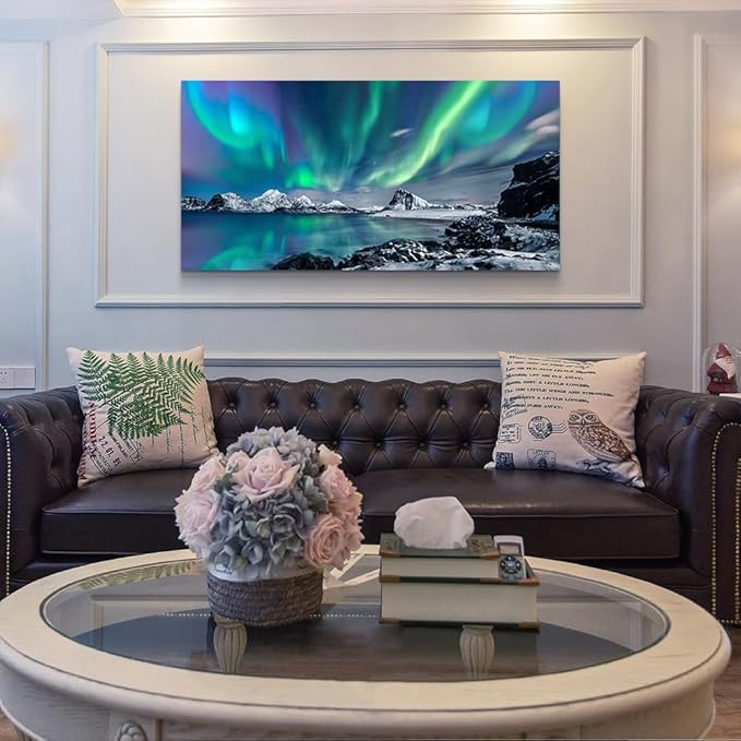 Wapluam Farmhouse Canvas Wall Art For Living Room, Bedroom & Office Decor - Blue Aurora Scenery Painting, Stretched & Framed, Ready To Hang