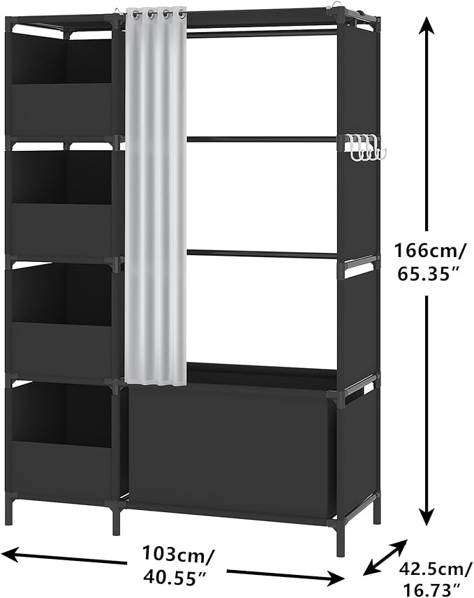 MOYIPIN Portable Closet，Free Standing Wardrobe Closet with Hanging Rod and Curtain，Clothes Storage Organizer, for Cloakroom, Bedroom，40.55 x 16.73 x 65.35Inches，Black
