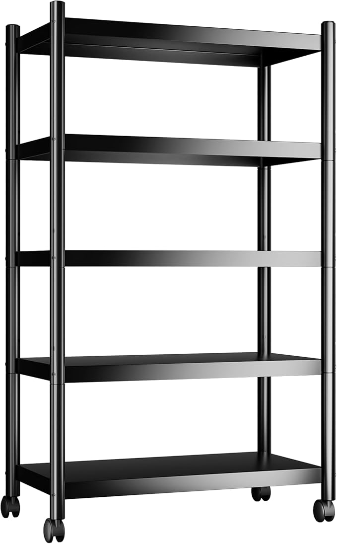 VETALLO 5-Shelf Utility Metal Shelving Storage Rack Adjustable Heavy Duty Shelves Standing Units with Wheels, for Home Pantry,Garage,Closet,Kitchen,Laundry,Bathroom (29.6" L x 13.7" W x 62.2" H)