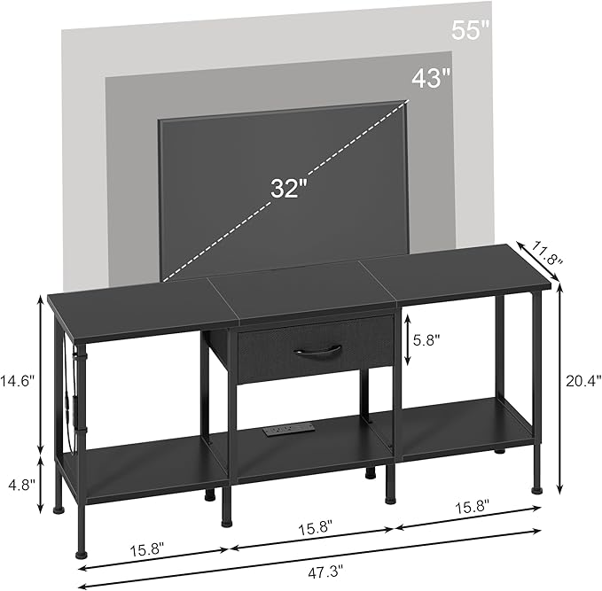 LED TV Stand with Power Outlet and Fabric Drawer for 55 50 45 Inches TV - Entertainment Center and Industrial TV Console Table for Living Room, Bedroom- 47" Black