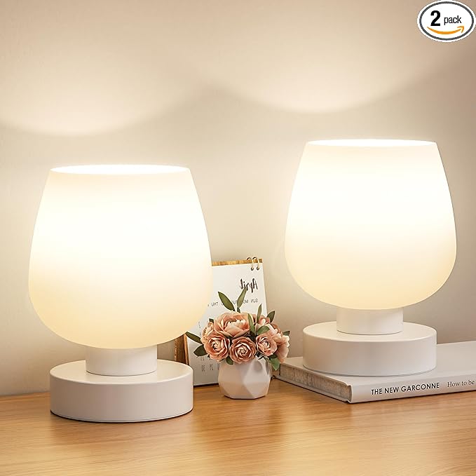 Touch Bedside Table Lamp Set of 2 - Small Bedside Lamp for Bedroom Living Room Night Stands, Desk Lamp with White Glass Shade for Small Spaces, 3 Way Dimmable, LED Bulbs, Gifts