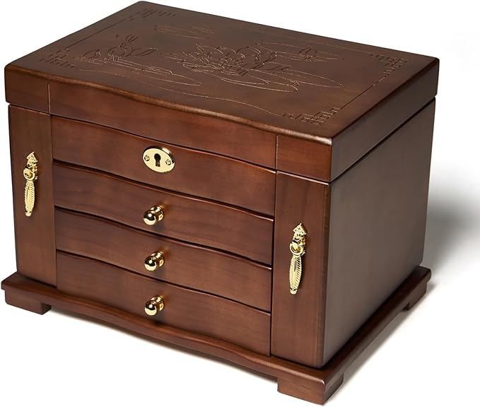 FEECOZ Wooden Jewelry Box for Women, Solid Wood Jewelry Organizer with Mirror and 3-Drawer, Ring,Necklacel,Vintage Style Storage Box with Lock (Dark Brown(lotus pattern)