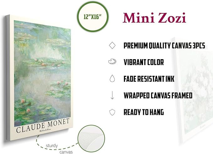 MINI ZOZI Sage Green Canvas Framed Wall Art Set Of 3 Matisse Van Gogh Monet Flower Prints 12x16 Wall Decor Large Mid Century Modern Aesthetic Over Bed Poster Painting Master Bedroom Living Room