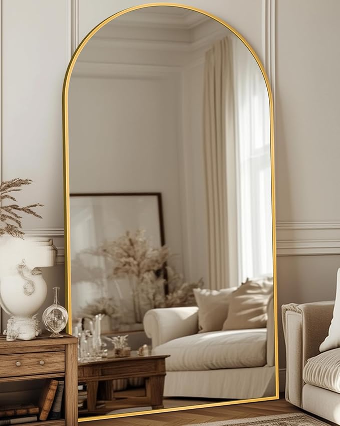 Antok Full Length Mirror, 78"x38" Floor Mirror with Stand, Hanging Mounted Mirrors for Bedroom, Living Room, Cloakroom, Dining Room, Gold, Arched