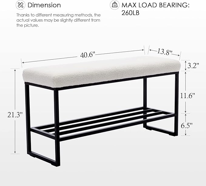 Zesthouse Boucle Shoe Bench Entryway with Storage, Upholstered Bench for Bedroom End of Bed, Metal Shoe Rack for Closet Hallway Doorway Living Room Mudroom, White