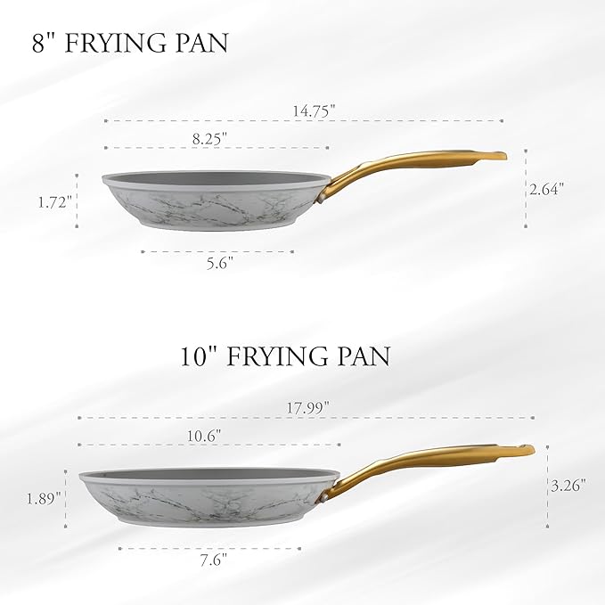 Frying Pan Nonstick Set 2 Piece, 8＆10 Inch Skillet Easy to Clean, Kitchen Fry Pan without PTFE & PFOA, Compatible with All Stovetops, Lightweight and Durable, Marble White