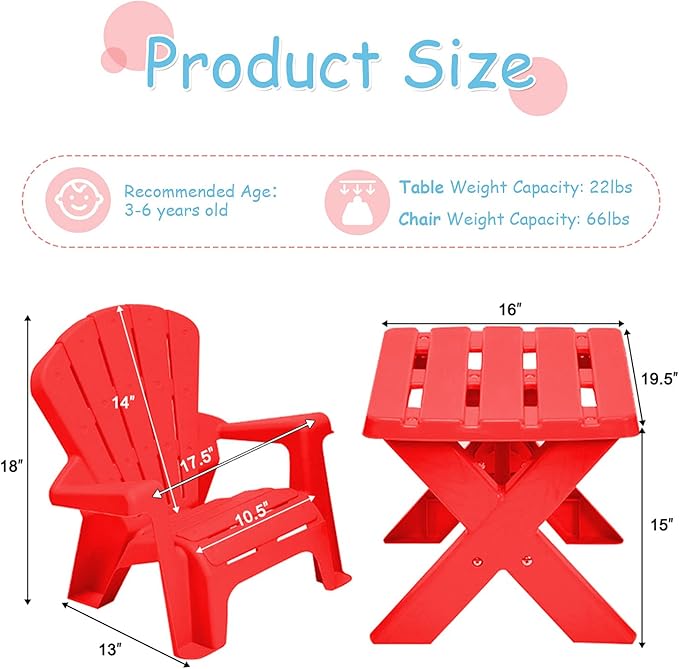 Costzon Kids Table and Chair Set, Outdoor Toddler Activity Table and Adirondack Chairs for Picnic, Garden, Patio, Backyard & Beach, Kids Outdoor Table and Chair Set (Red)