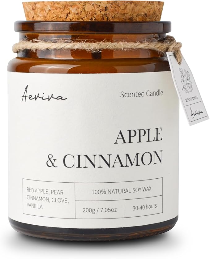 Scented Candle, 7.05 oz Apple & Cinnamon Aromatherapy Candle, Natural Soy Wax with Wooden Wick, Candles for Home Scented, Stress Relief Amber Jar Candle Gifts