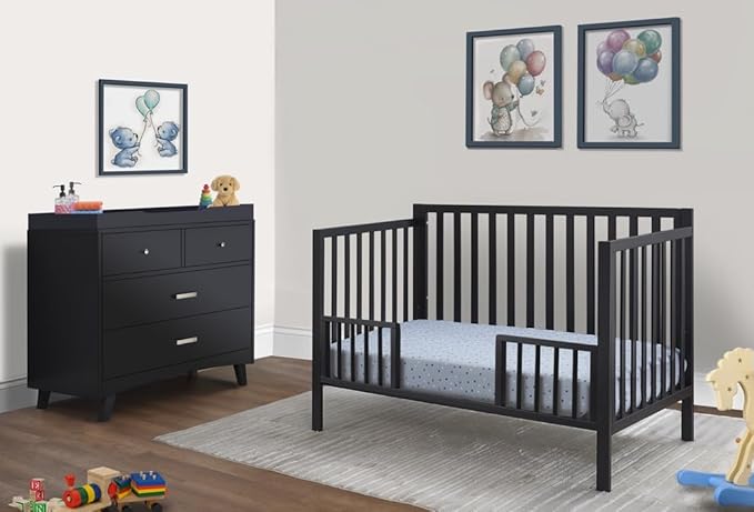 Sorelle Essex Euro 4-in-1 Convertible Crib & Changer – Nursery Furniture Set, Wooden Baby Crib with Non-Toxic Finish, Integrated, Toddler Bed, Daybed, and Full-Size Bed Conversion Kit – Midnight