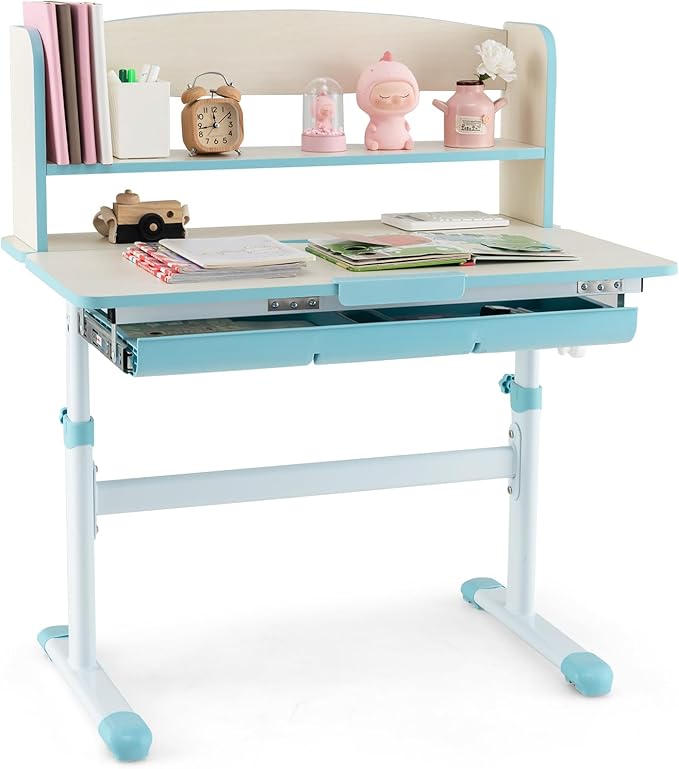 Costzon Kids Desk, Height Adjustable Children Study Desk with Tilt Desktop, Storage Drawer, Hutch, Scale Ruler, Student Writing Table School Desk for Boys Girls Bedroom, Desk for Kids (Blue)