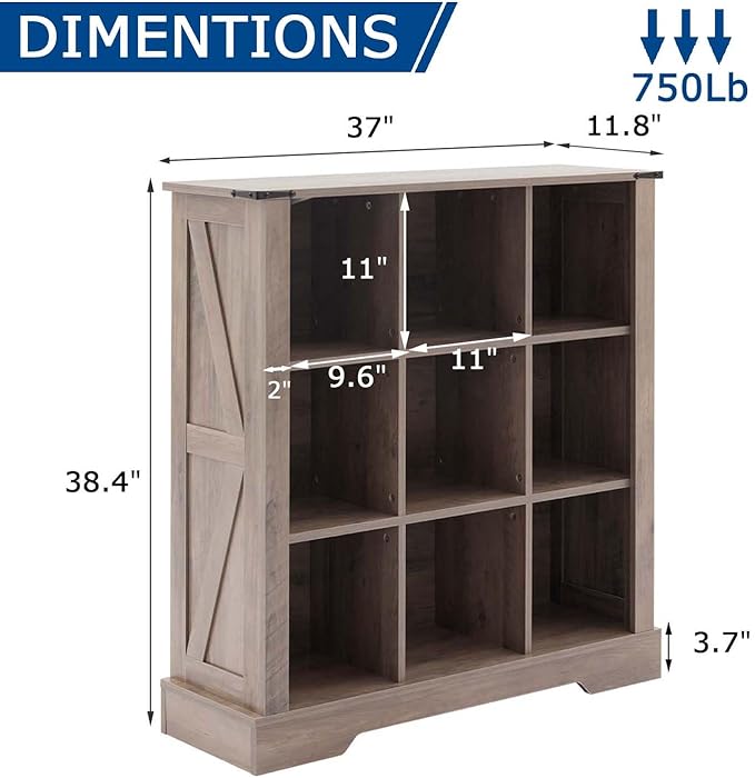 9 Cube Storage Organizer, 3 Tier Bookshelf for Living Room, Farmhouse Bookcase with Led, Kids Toy Storage Cabinet, Wall Cubby Shelves for Home Decor, Wood Display Cabinet for Bedroom, Grey