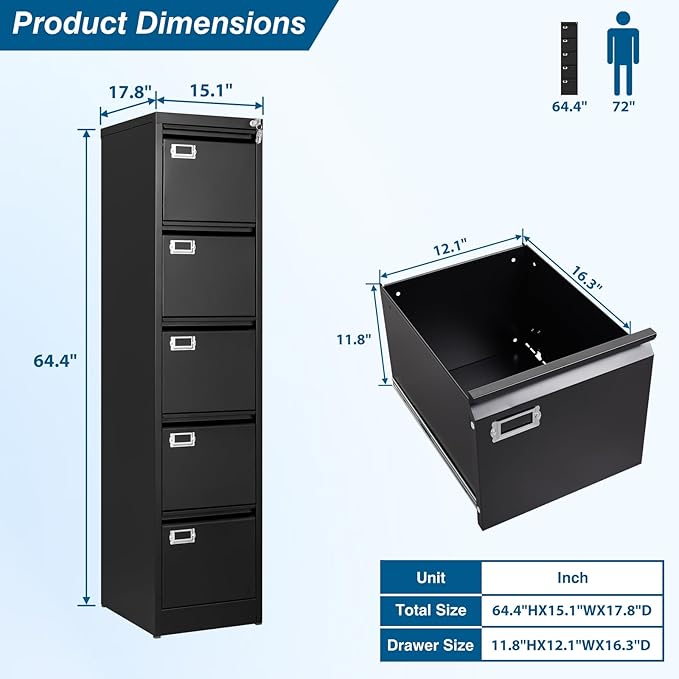 5-Drawer File Cabinet, 16.3" Deep Vertical Metal Filing Cabinet with Lock for Home Office, Anti-Tip 5 Storage Drawers for Letter/Legal/A4/F4 Size (Assemble Required, Black)