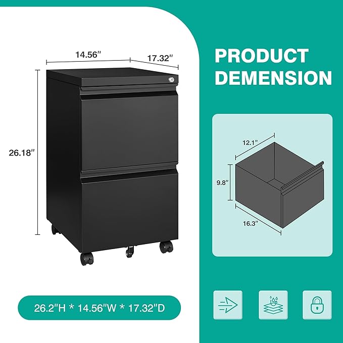 SISESOL 2 Drawer File Cabinet on Wheels,Metal Filing Cabinet with Lock,Black Rolling File Cabinets with Casters,Under Desk Office Cabinets for Home Office,Fit A4/Letter/Legal,Easy Assembly