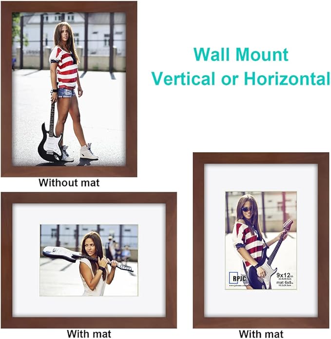RPJC 9 x 12 Picture Frames Made of Solid Wood and High Definition Glass Display Pictures 6x8 with Mat or 9x12 Without Mat for Wall Mounting Photo Frame Brown