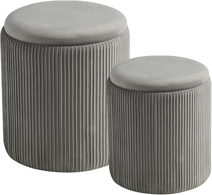 Round Set of 2 Ottoman with Storage-Upholstered Velvet Vanity Stool for MakeupMultifunctional Ottomans Coffee Table Padded Seat Foot Rest for Living Room&Bedroom(Ligth Grey)
