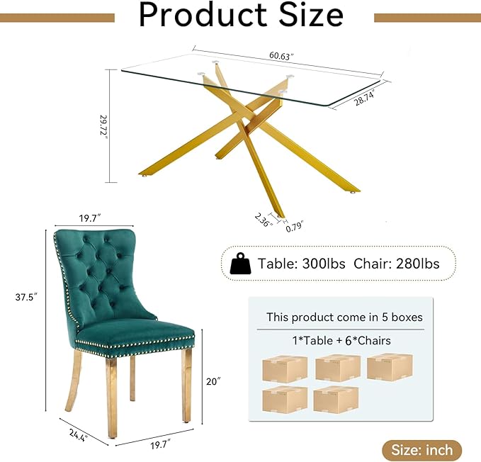 Goujxcy Glass Dining Table Set for 6, Modern Kitchen Table and Chairs Set of 6, 7-Piece Kitchen Dining Room Table Set w/61 Glass Gold Dining Table and 6 Green Velvet Upholstered Chairs