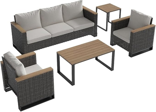Ypati 5-Piece Handwoven Rattan Patio Modern Design Conversation Set, Aluminum Frame and Wooden-Style Armrest, for Porch, Balcony, Garden, 3-Seats Sofa, 2 Single Sofas with Tables, Black & Light Gray