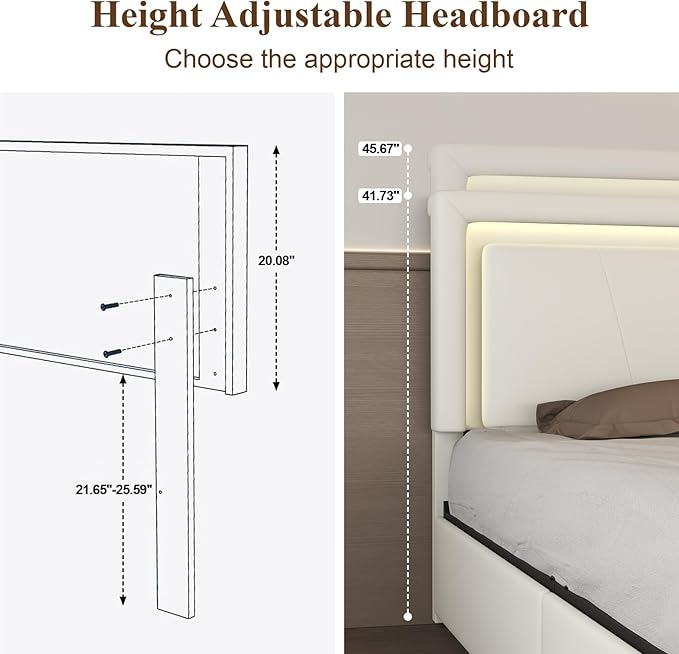 Twin Size Bed Frame with 4 Storage Drawers and LED Lights, Upholstered Platform Bed with Adjustable Headboard and Charging Station, Metal Slats Support, No Box Spring Needed,Easy Assembly, White