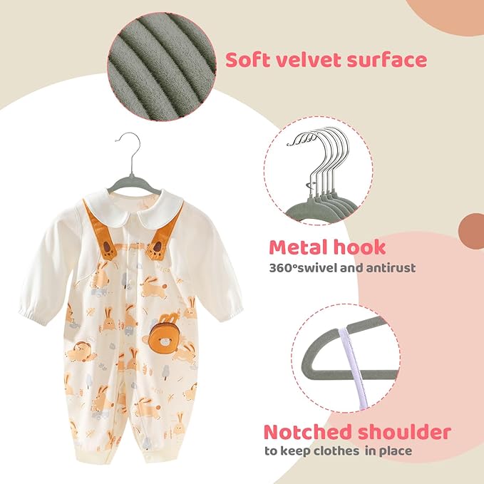 ManGotree 11" Baby Velvet Hangers, Non-Slip Infant Coat Hangers, Ultra-Thin Toddler Felt Hanger with 360° Swivel Hook, Space Saving Children's Hanger for Kids Clothes, 48 Pack (Grey)