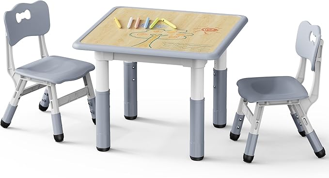 Brelley Kids Table and 2 Chairs Set, Height Adjustable Toddler Desk and Chair Set, Graffiti Desktop, Classroom/Daycare/Home, Children Multi-Activity Table for Ages 2-8