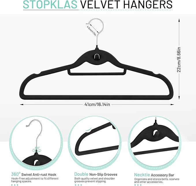 Velvet Hangers 30 Pack, STOPKLAS Black Clothes Hanger Non Slip Felt Hangers with 360° Swivel Hook, Thin Hanger Space Saving, Heavy Duty Closet Hanger for Clothes, Coats, Suits, Dress, Pants