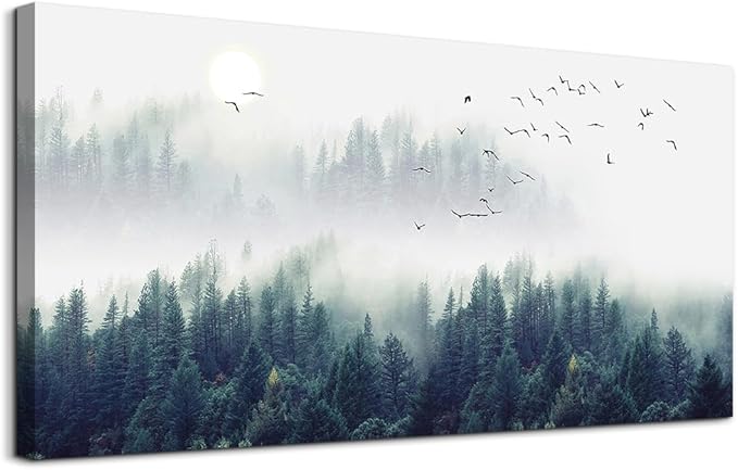 Landscape painting wall decor Canvas Wall Art for Living Room - Misty Forests of Evergreen Coniferous Trees in an Ethereal Landscape - Modern Home Decor Framed Ready to Hang bedroom decoration