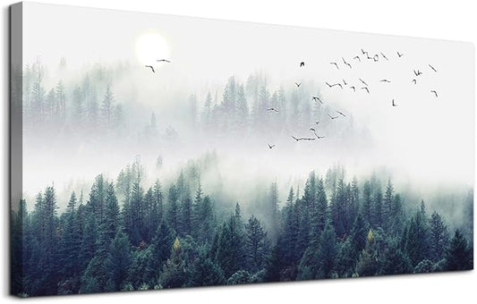 Landscape painting wall decor Canvas Wall Art for Living Room - Misty Forests of Evergreen Coniferous Trees in an Ethereal Landscape - Modern Home Decor Framed Ready to Hang bedroom decoration