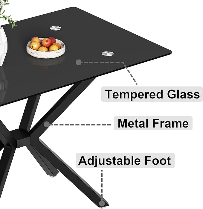 47" Tempered Glass Dining Table for 4, Modern Kitchen Table Rectangle Top, Geometric Metal Leg, for Apartment Dining Room Restaurant (All Black)