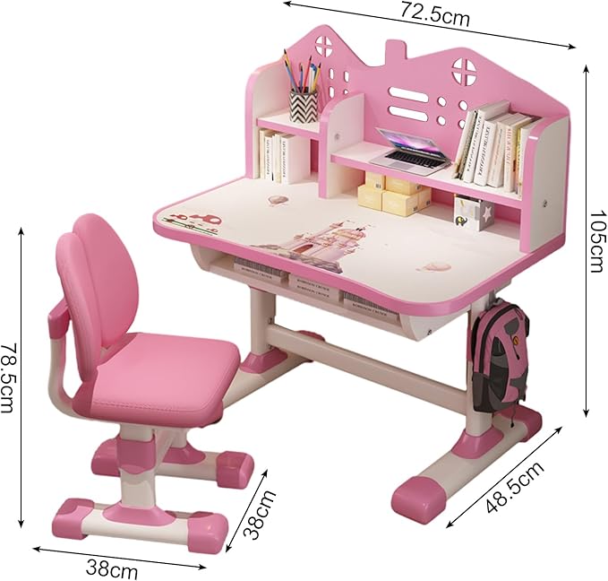 Kids Desk and Chair Set, Height Adjustable Kids Study Table and Chair Set, Children School Desk with Storage Drawer and Book Stand, Ergonomic Child Toddler Deskwith Sitting Posture Corrector (Pink 2)