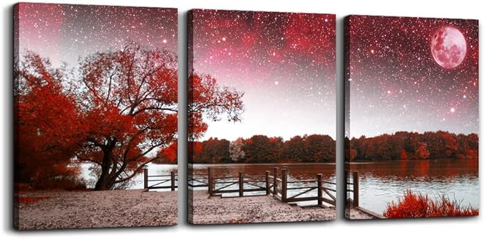 Wall Art Decor Poster Living Room Abstract Red Tree Moon Starry Sky Red Landscape Paintings Bathroom Wall Art Bedroom Canvas Prints Works 3 Pieces Picture Ready To Hang Office Home Decoration Artwork