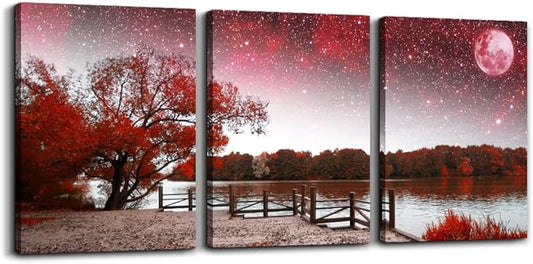 Wall Art Decor Poster Living Room Abstract Red Tree Moon Starry Sky Red Landscape Paintings Bathroom Wall Art Bedroom Canvas Prints Works 3 Pieces Picture Ready To Hang Office Home Decoration Artwork