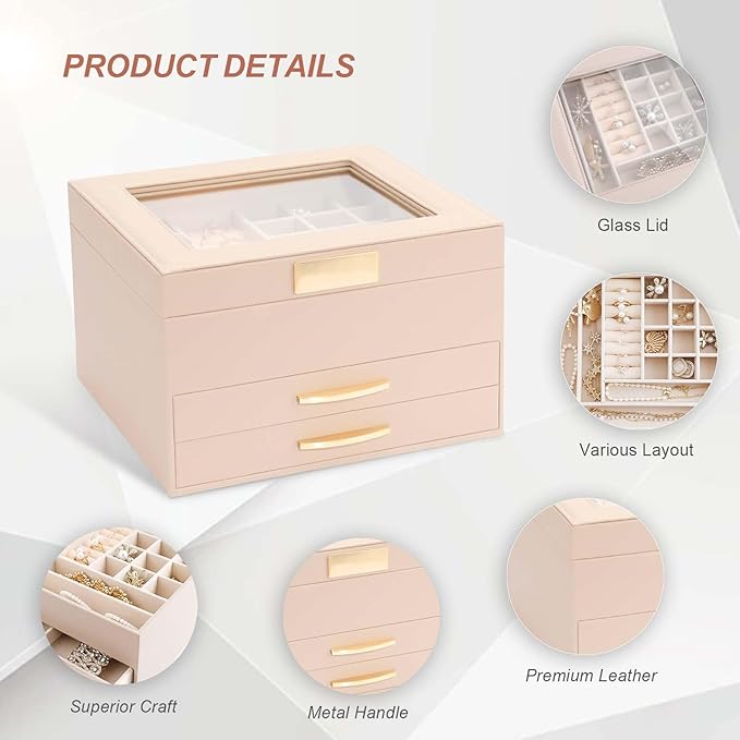 Jewelry Storage Box with Glasses Lid, 3-Tiers Jewelry Organizer Box for Women Girls, Jewelry Case for Rings, Bracelets Earrings, Necklaces (Apricot)