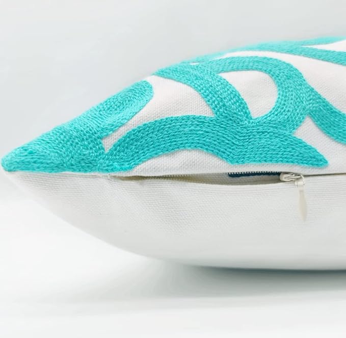 Alysheer Embroidered Decorative Throw Pillow Cover 18" x 18", Classic Modern Stylish Mandala Turquoise Embroidery Patterned Cotton Aqua Green Cushion Case for Sofa Couch Bed Living Room Decor
