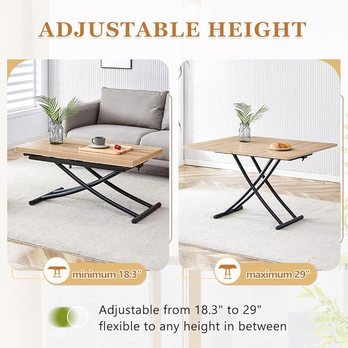 4 in 1 Folding Dining Table with Adjustable Lift Top & Wheels, Multi-Function Coffee Table to Dining Table for Apartments, Kitchens, Living Rooms, Scratch-Resistant & Easy Assembly