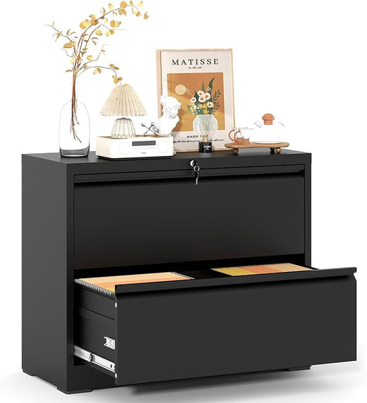 Lateral File Cabinet with Lock,2 Drawer Metal Filing Cabinets, Home Office Storage Cabinet for Hanging Files Letter/Legal/F4/A4 (Black)