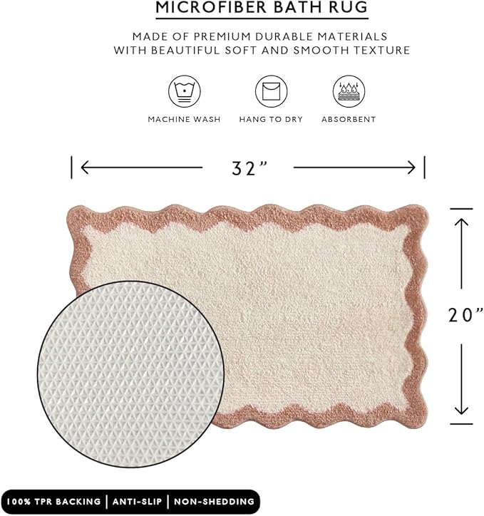 MONDAY MOOSE Bath Mat with Scalloped Wavy Ripple Design, Microfiber Absorbent Non Slip Tufted Rug for Floor, Shower or Kitchen (20x32 inch, Beige)