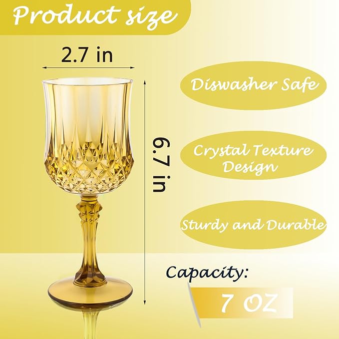 Plastic Wine Glasses，Plastic Goblets Vintage Style Cordial Drinking Glasses for Wedding Reception, Grand Event Party Supplies (48, Gold)