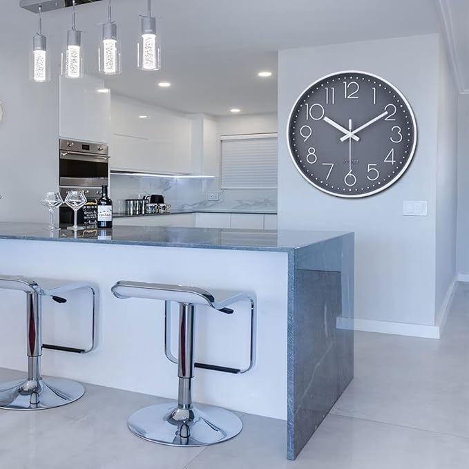 jomparis Non-Ticking Wall Clock Silent Battery Operated Round Wall Clock Modern Simple Style Decor Clock for Home/Office/School/Kitchen/Bedroom/Living Room (13.5 Inch Gray)