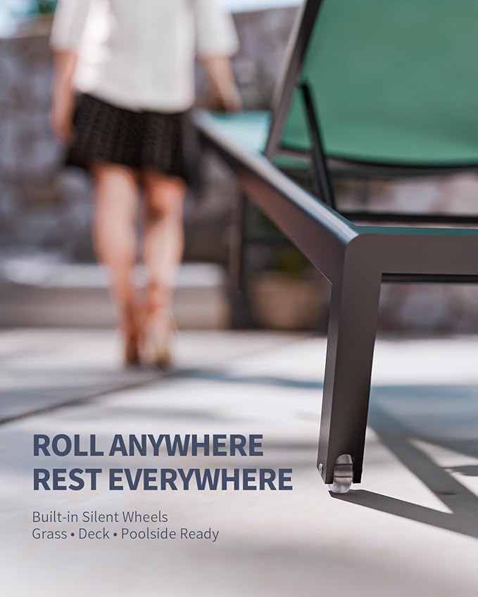 Aluminum Lounge Chairs Outdoor Chaise Furniture,2 Sets Patio Metal Deck Lounger Adjustable 5-Position Poolside Chase Recliner with Wheels for Beach,Coffee Table, (Green, 2 Chair＋Table)