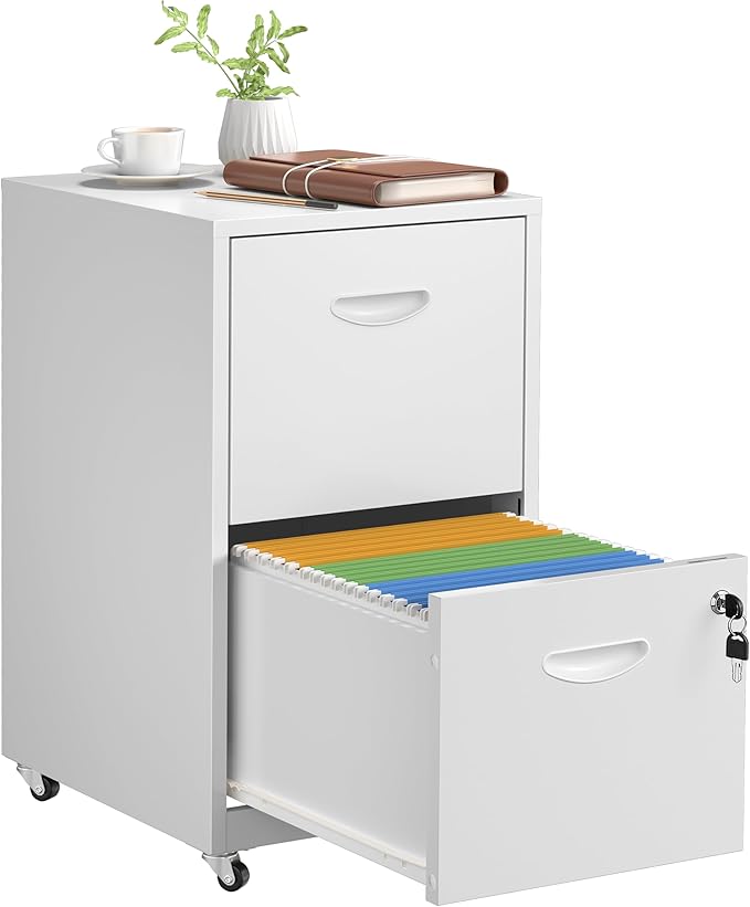2 Drawer File Cabinet with Lock，White Rolling File Cabinet for Home Office, Metal Small Mobile Filing Cabinets on Wheels for Hanging Letter