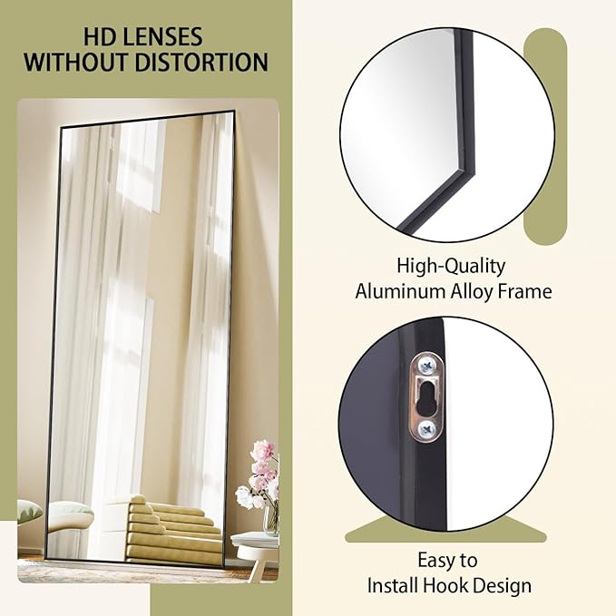BEAUTYPEAK Full Length Mirror with Stand, 56"x21" Floor Mirror with Aluminum Alloy Thin Frame, ShatterVue Tempered Full Body Mirrors, Free Standing or Wall-Mounted Mirrors for Living Room, Black