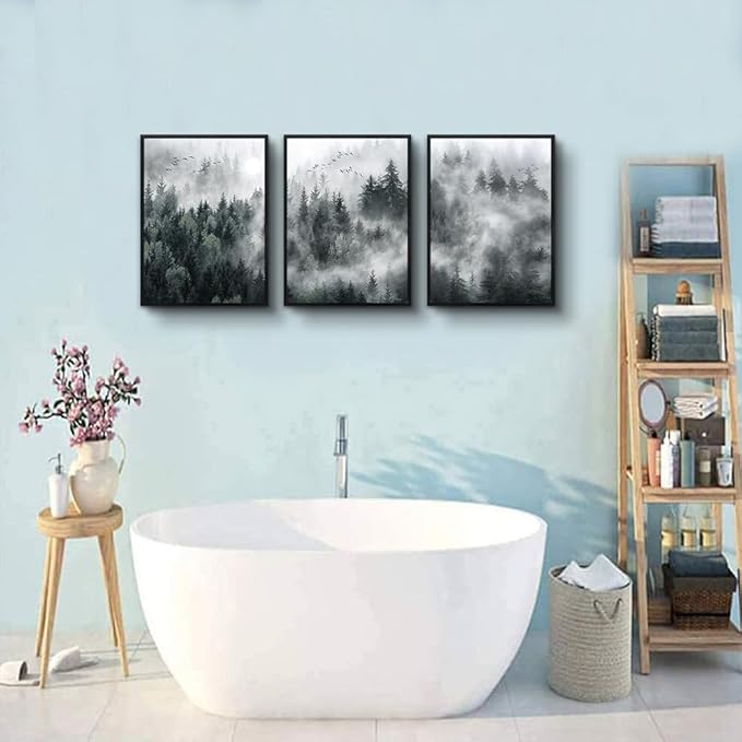 Canvas Wall Art for Living Room and Bedroom - Modern Foggy Forest Trees Landscape Painting - Office and Home Decor - Ready to Hang Black Framed Pictures