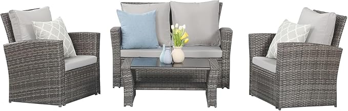 Wisteria Lane 4 Piece Patio Furniture Set, Wicker Outdoor Patio Conversation Furniture Set, All Weather Outdoor Patio Sofa with Cushion and Glass Table, Grey