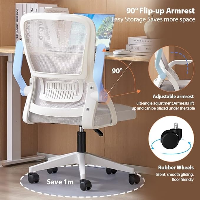 Office Chair, Ergonomic Desk Breathable Mesh Swivel Chair with Flip-Up Arms and Lumbar Support Computer for Home Office